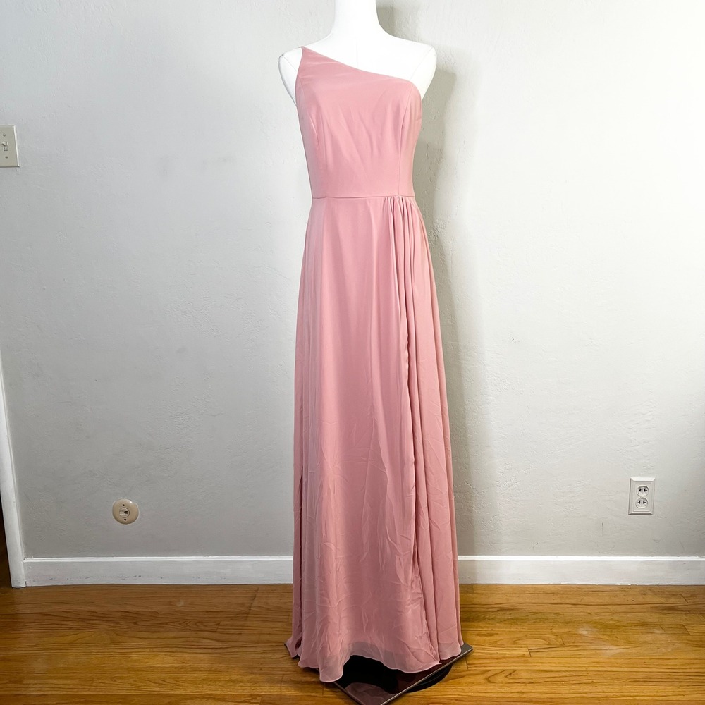 After Six 1555 One Shoulder Chiffon Bridesmaid Formal Maxi Dress Desert Rose 8